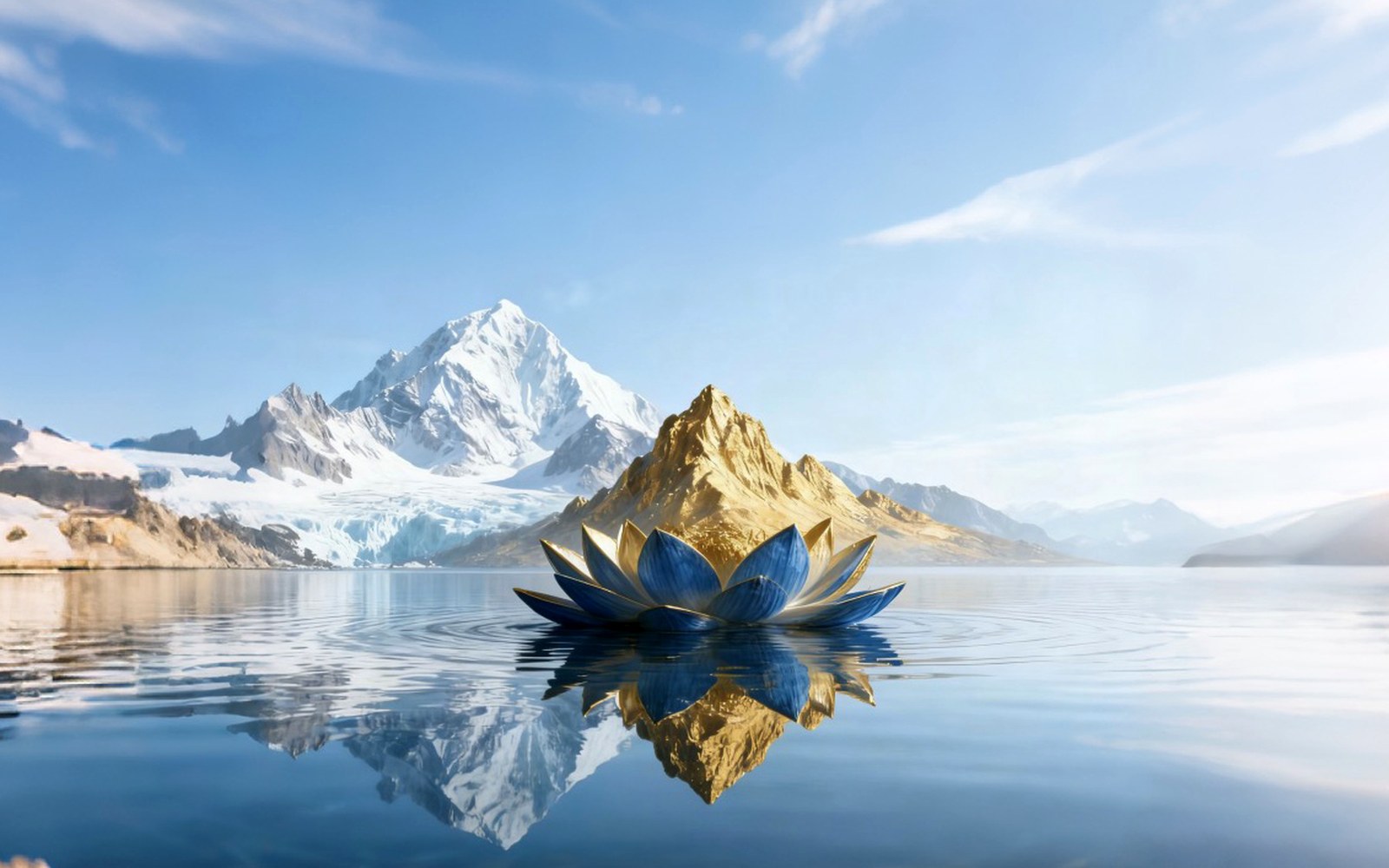 Original artwork: snow mountain, golden water and lotus